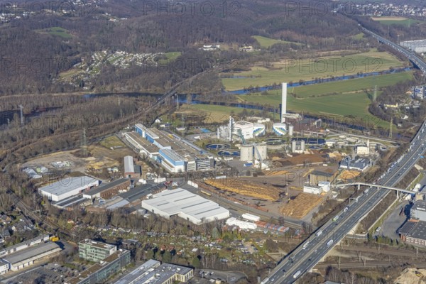 Aerial view, Bathey industrial estate, Hagen-Bathey printing and publishing centre, Funke newspaper printing works, Hagen-Kabel cogeneration plant, Boele, Hagen, Ruhr area, North Rhine-Westphalia, Germany, A1 motorway, DE, printing works, Europe, commercial enterprises, commercial area, industrial estate, commercial location, commercial use, cogeneration plant, Hohensyburgstraße, industrial area, industrial building, industrial location, power plant, aerial view, aerial photography, aerial photography, overview, publisher, bird's-eye view, birds-eyes view, overview
