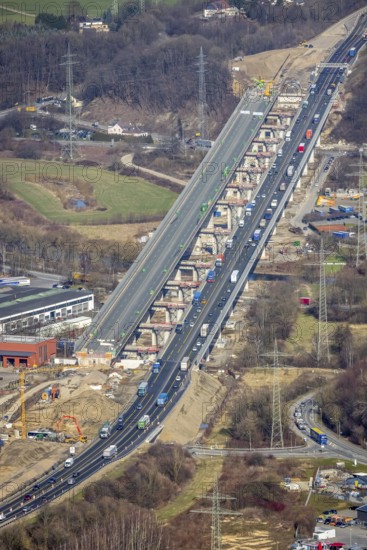 Aerial view of the Lennetal bridge, motorway A45 Sauerlandlinie shortly in front of the lane shift, Lennetal, Hagen, Ruhr area, North Rhine-Westphalia, Germany, DE, Europe, aerial photo, birds-eyes view, aerial photograph, aerial photography, aerial photography, overview, bird's eye view, traffic infrastructure, Sauerlandlinie, motorway bridge A45, Lennetal bridge, motorway maintenance depot Hagen, Autobahn.de
