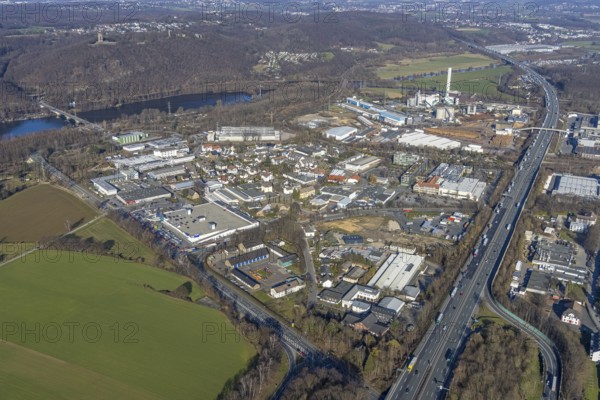 Aerial view, Bathey industrial estate, Hagen-Bathey printing and publishing centre, Funke newspaper printing works, Hagen-Kabel cogeneration plant, Boele, Hagen, Ruhr area, North Rhine-Westphalia, Germany, A1 motorway, DE, printing works, Europe, commercial enterprises, commercial area, industrial estate, commercial location, commercial use, cogeneration plant, Hohensyburg, Hohensyburgstraße, industrial area, industrial building, industrial location, power plant, aerial view, aerial photography, aerial photography, overview, publisher, bird's-eye view, birds-eyes view, overview, real supermarket