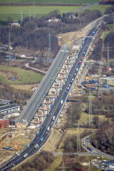Aerial view of the Lennetal bridge, motorway A45 Sauerlandlinie shortly in front of the lane shift, Lennetal, Hagen, Ruhr area, North Rhine-Westphalia, Germany, DE, Europe, aerial photo, birds-eyes view, aerial photograph, aerial photography, aerial photography, overview, bird's eye view, traffic infrastructure, Sauerlandlinie, motorway bridge A45, Lennetal bridge, motorway maintenance depot Hagen, Autobahn.de