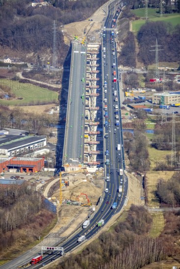 Aerial view of the Lennetal bridge, motorway A45 Sauerlandlinie shortly in front of the lane shift, Lennetal, Hagen, Ruhr area, North Rhine-Westphalia, Germany, DE, Europe, aerial photo, birds-eyes view, aerial photograph, aerial photography, aerial photography, overview, bird's eye view, traffic infrastructure, Sauerlandlinie, motorway bridge A45, Lennetal bridge, motorway maintenance depot Hagen, Autobahn.de