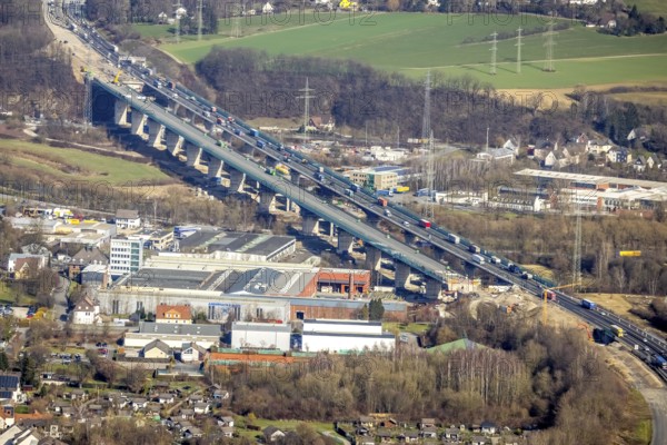 Aerial view of the Lennetal bridge, motorway A45 Sauerlandlinie shortly in front of the lane shift, Lennetal, Hagen, Ruhr area, North Rhine-Westphalia, Germany, DE, Europe, aerial photo, birds-eyes view, aerial photograph, aerial photography, aerial photography, overview, bird's eye view, traffic infrastructure, Sauerlandlinie, motorway bridge A45, Lennetal bridge, motorway maintenance depot Hagen, Autobahn.de