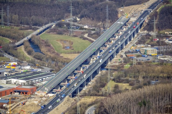 Aerial view of the Lennetal bridge, motorway A45 Sauerlandlinie shortly in front of the lane shift, Lennetal, Hagen, Ruhr area, North Rhine-Westphalia, Germany, DE, Europe, aerial photo, birds-eyes view, aerial photograph, aerial photography, aerial photography, overview, bird's eye view, traffic infrastructure, Sauerlandlinie, motorway bridge A45, Lennetal bridge, motorway maintenance depot Hagen, Autobahn.de