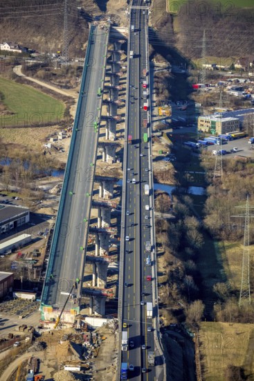 Aerial view, construction site, new construction of a section of the Lennetal Bridge, Lennetal, Hagen, Ruhr area, North Rhine-Westphalia, Germany, construction work, construction, construction area, construction site, construction site, construction project, construction site, bridge, DE, Europe, Lennetal Bridge, aerial view, aerial photography, aerial photography, new construction, road traffic, overview, displacement, bird's-eye view, overview