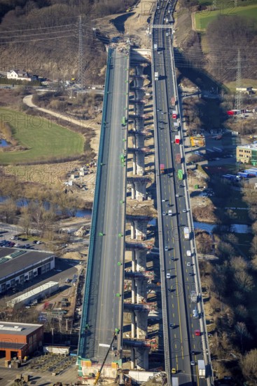 Aerial view, construction site, new construction of a section of the Lennetal Bridge, Lennetal, Hagen, Ruhr area, North Rhine-Westphalia, Germany, construction work, construction, construction area, construction site, construction site, construction project, construction site, bridge, DE, Europe, Lennetal Bridge, aerial view, aerial photography, aerial photography, new construction, road traffic, overview, displacement, bird's-eye view, overview