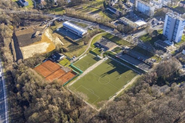 Aerial view, construction site and volunteer fire brigade Hagen Eppenhausen, district sports facility Emst, Emst, Hagen, Ruhr area, North Rhine-Westphalia, Germany, fire fighter, fire protection, fire station, DE, Europe, fire station, fire brigade, football pitch, football stadium, football club, aerial view, aerial photography, aerial photography, rescue station, sports, sports facilities, sports field, sports facility, stadium, tennis, tennis facility, tennis courts, overview, bird's eye view, birds-eyes view, overview