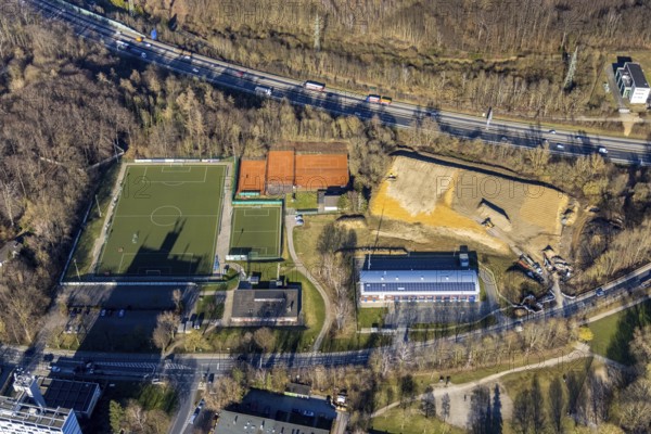 Aerial view, construction site and volunteer fire brigade Hagen Eppenhausen, district sports facility Emst, Emst, Hagen, Ruhr area, North Rhine-Westphalia, Germany, fire fighter, fire protection, fire station, DE, Europe, fire station, fire brigade, football pitch, football stadium, football club, aerial view, aerial photography, aerial photography, rescue station, sports, sports facilities, sports field, sports facility, stadium, tennis, tennis facility, tennis courts, overview, bird's eye view, birds-eyes view, overview