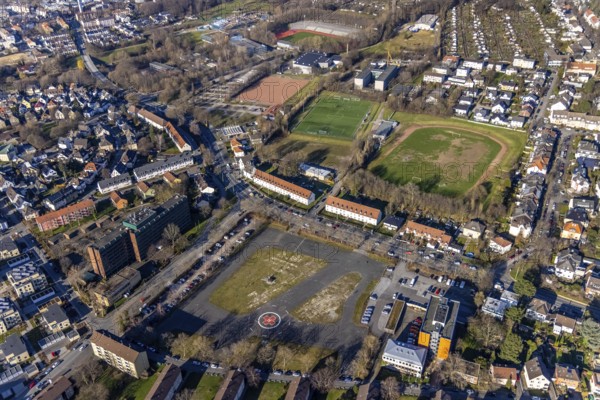 Aerial view, sports grounds Am Sportpark, Ischelandstadion, Krollmann Arena Halle, Theodor-Heuss-Gymnasium, Otto-Ackermann-Platz, streets.North Rhine-Westphalia Regional Office South Westphalia Branch Office Hagen, Altenhagen, Hagen, Ruhr Area, North Rhine-Westphalia, Germany, education, educational institution, DE, Europe, football pitch, football stadium, football club, grammar school, educational institute, aerial photography, aerial photography, aerial photography, school, sports, sports facilities, sports field, sports facility, stadium, overview, bird's-eye view, birds-eyes view, overview