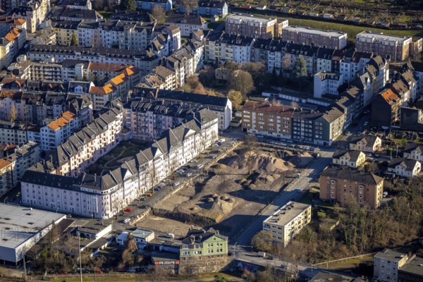 Aerial view, construction site demolition Block-1 Karree, planned new building kindergarten and primary school, Ewaldstraße, Gustavstraße, Wehringhausen, Hagen, Ruhr area, North Rhine-Westphalia, Germany, construction work, construction area, building site, building plots, construction project, construction site, DE, single-family houses, Europe, property tax, real estate, kindergarten, day care centre, day nursery, Lange Straße, aerial view, aerial photography, aerial photography, apartment buildings, apartment blocks, new build, terraced houses, school, overview, bird's-eye view, housing estate, housing and living, residential area, residential buildings, housing quality, residential quarter, housing estate, birds-eyes view, overview