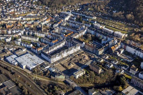 Aerial view, construction site demolition Block-1 Karree, planned new building kindergarten and primary school, Ewaldstraße, Gustavstraße, Wehringhausen, Hagen, Ruhr area, North Rhine-Westphalia, Germany, construction work, construction area, building site, building plots, construction project, construction site, DE, single-family houses, Europe, property tax, real estate, kindergarten, day care centre, day nursery, Lange Straße, aerial view, aerial photography, aerial photography, apartment buildings, apartment blocks, new build, terraced houses, school, overview, bird's-eye view, housing estate, housing and living, residential area, residential buildings, housing quality, residential quarter, housing estate, birds-eyes view, overview