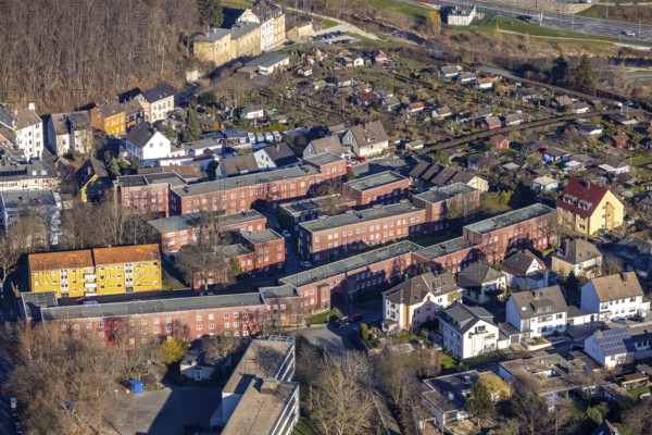 Aerial view, residential area Cunosiedlung, historic Bauhaus estate, Kuhlerkamp, Wehringhausen, Hagen, Ruhr area, North Rhine-Westphalia, Germany, DE, monument protection, Europe, property tax, real estate, aerial view, aerial photography, aerial photography, multi-family houses, apartment buildings, terraced houses, overview, bird's eye view, residential complex, living and living, residential area, residential buildings, quality of living, residential neighbourhood, housing estate, birds-eyes view, overview, Bauhaus, Bauhaus style