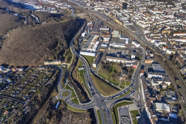 Aerial view, Hagen main station, station rear passage, commercial area Wehringhauser Straße, Wehringhausen, Hagen, Ruhr area, North Rhine-Westphalia, Germany, railway tracks, railway station, DE, Deutsche Bahn AG, Europe, commercial enterprises, commercial area, commercial park, commercial location, commercial use, main station, main railway station, industrial area, industrial location, roundabout, roundabout, aerial view, aerial photography, aerial photography, overview, bird's eye view, birds-eyes view, overview