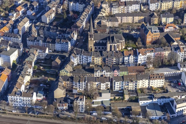 Aerial view, catholic St.Michael-Kirche, Emil-Schumacher-Schule, Wehringhausen, Hagen, Ruhr area, North Rhine-Westphalia, Germany, place of worship, education, educational institution, DE, Europe, religious community, place of worship, holy place, church, parish, denomination, educational institute, aerial view, aerial photography, aerial photography, apartment buildings, apartment blocks, Pelmkestraße, religion, religious site, school, overview, bird's-eye view, living and life, birds-eyes view, overview