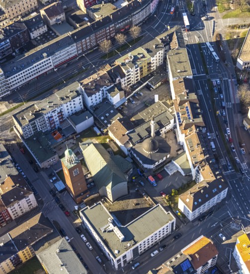 Aerial view, Mosque Islamic Cultural Association Mosque, Lutherkirche, Diakonie Mark-Ruhr, Mittelstadt, Hagen, Ruhr area, North Rhine-Westphalia, Germany, place of worship, DE, Europe, religious community, place of worship, holy place, church, parish, denomination, aerial view, aerial photography, aerial photography, religion, religious site, overview, bird's-eye view, birds-eyes view, overview