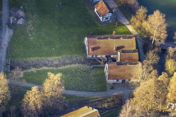 Aerial view, LWL-Freilichtmuseum Hagen, historical mill, Eilpe, Hagen, Ruhr area, North Rhine-Westphalia, Germany, DE, Europe, open-air museum, aerial view, aerial photography, aerial photography, museum, Mäckingerbach, overview, bird's-eye view, forest, forest area, birds-eyes view, overview