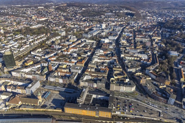 Aerial view, townscape City Hagen, central city, Hagen, Ruhr area, North Rhine-Westphalia, Germany, employment agency, station forecourt, City, DE, Europe, distant view, city centre, aerial view, aerial photography, aerial photography, aerial view, townscape, city area, city centre, overview, bird's eye view, living and life, birds-eyes view, overview