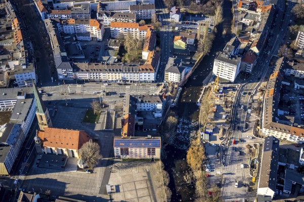 Aerial view, construction site for new market bridge, central city, Hagen, Ruhr area, North Rhine-Westphalia, Germany, construction work, construction area, construction site, construction project, construction site, bridge, DE, Europe, aerial view, aerial photography, aerial photography, Märkischer Ring, new construction, overview, bird's-eye view, overview