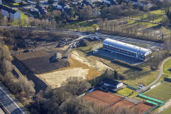 Aerial photo, construction site and volunteer fire brigade Hagen Eppenhausen, Emst, Hagen, Ruhr area, North Rhine-Westphalia, Germany, fire fighter, fire protection, fire watch, DE, Europe, fire station, fire brigade, aerial photo, aerial photography, aerial photography, rescue station, overview, bird's-eye view, overview