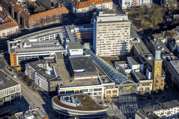 Aerial view, Volme Galerie with town hall tower, medium-sized town, Hagen, Ruhr area, North Rhine-Westphalia, Germany, authority, DE, shopping centre, shopping mall, shopping place, shopping centre, Europe, skyscraper, aerial view, aerial photography, aerial photography, town hall, shopping, shopping centre, overview, bird's-eye view, overview