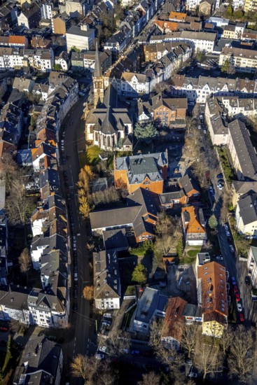 Aerial view, catholic St.Michael-Kirche, Emil-Schumacher-Schule, Wehringhausen, Hagen, Ruhr area, North Rhine-Westphalia, Germany, place of worship, education, educational institution, DE, Europe, religious community, place of worship, holy place, church, parish, denomination, educational institute, aerial view, aerial photography, aerial photography, apartment buildings, apartment blocks, Pelmkestraße, religion, religious site, school, overview, bird's-eye view, living and life, birds-eyes view, overview