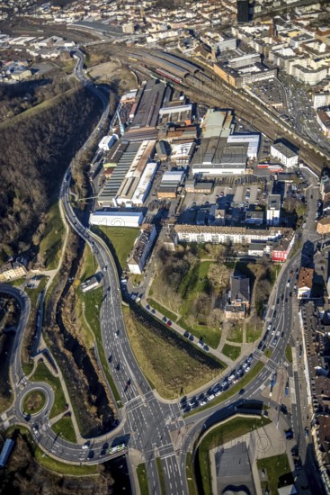 Aerial view, Hagen main station, station rear passage, commercial area Wehringhauser Straße, Wehringhausen, Hagen, Ruhr area, North Rhine-Westphalia, Germany, railway tracks, railway station, DE, Deutsche Bahn AG, Europe, commercial enterprises, commercial area, commercial park, commercial location, commercial use, main station, main railway station, industrial area, industrial location, aerial view, aerial photography, aerial photography, overview, bird's eye view, birds-eyes view, overview