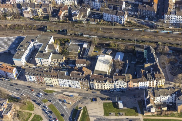 Aerial view, commercial area and residential complex Wehringhauser Straße, Wehringhausen, Hagen, Ruhr area, North Rhine-Westphalia, Germany, railway tracks, DE, Europe, commercial enterprises, commercial area, commercial location, commercial use, railway tracks, property tax, real estate, aerial view, aerial photography, aerial photography, overview, bird's eye view, residential complex, living and life, residential area, residential buildings, residential quality, residential quarter, birds-eyes view, overview