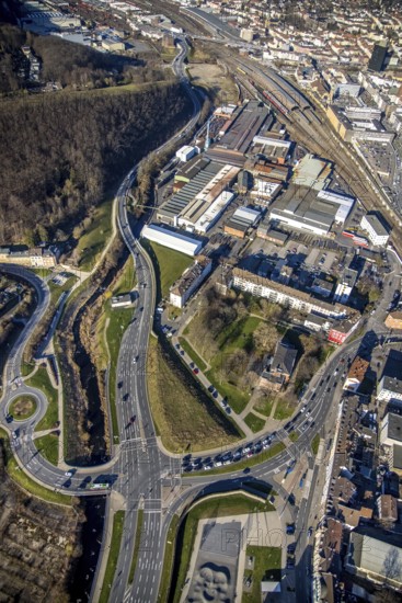 Aerial view, Hagen main station, station rear passage, commercial area Wehringhauser Straße, Wehringhausen, Hagen, Ruhr area, North Rhine-Westphalia, Germany, railway tracks, railway station, DE, Deutsche Bahn AG, Europe, commercial enterprises, commercial area, commercial park, commercial location, commercial use, main station, main railway station, industrial area, industrial location, aerial view, aerial photography, aerial photography, overview, bird's eye view, birds-eyes view, overview