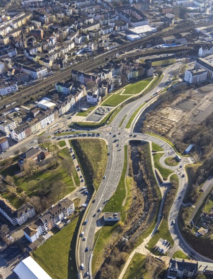 Aerial view, Wehringhauser Straße and river Ennepe, Bohne Park Hagen, Varta-Insel construction site, Wehringhausen, Hagen, Ruhr area, North Rhine-Westphalia, Germany, construction area, construction site, building plots, construction project, construction site, DE, Europe, roundabout, roundabout, aerial view, aerial photography, aerial photography, park, pump track, overview, bird's-eye view, overview