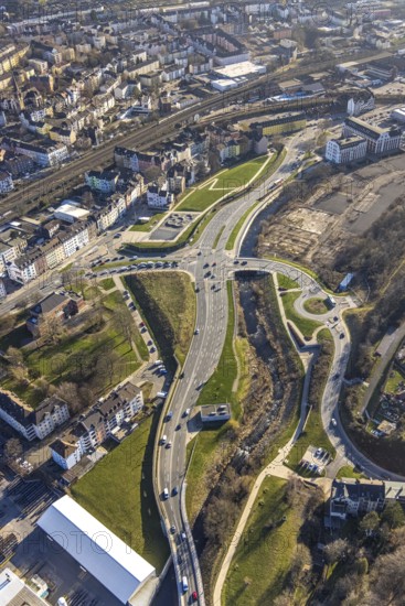 Aerial view, Wehringhauser Straße and river Ennepe, Bohne Park Hagen, Varta-Insel construction site, Wehringhausen, Hagen, Ruhr area, North Rhine-Westphalia, Germany, construction area, construction site, building plots, construction project, construction site, DE, Europe, roundabout, roundabout, aerial view, aerial photography, aerial photography, park, pump track, overview, bird's-eye view, overview