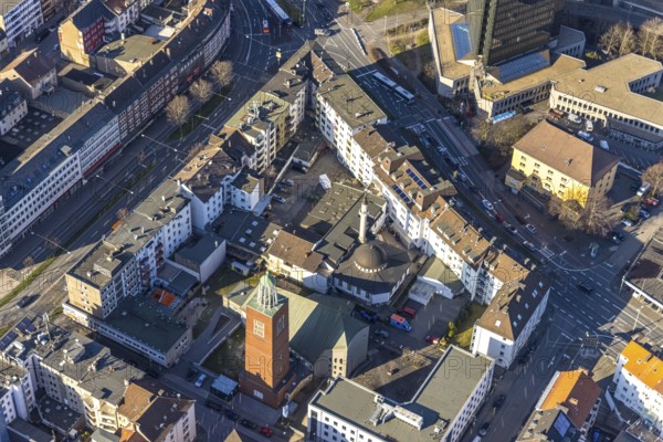 Aerial view, Mosque Islamic Cultural Association Mosque, Lutherkirche, Diakonie Mark-Ruhr, Mittelstadt, Hagen, Ruhr area, North Rhine-Westphalia, Germany, place of worship, DE, Europe, religious community, place of worship, holy place, church, parish, denomination, aerial view, aerial photography, aerial photography, religion, religious site, overview, bird's-eye view, birds-eyes view, overview