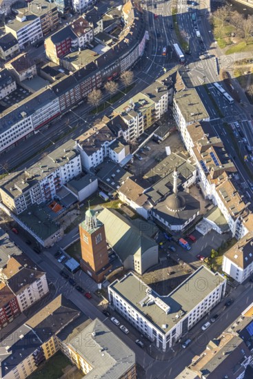 Aerial view, Mosque Islamic Cultural Association Mosque, Lutherkirche, Diakonie Mark-Ruhr, Mittelstadt, Hagen, Ruhr area, North Rhine-Westphalia, Germany, place of worship, DE, Europe, religious community, place of worship, holy place, church, parish, denomination, aerial view, aerial photography, aerial photography, religion, religious site, overview, bird's-eye view, birds-eyes view, overview