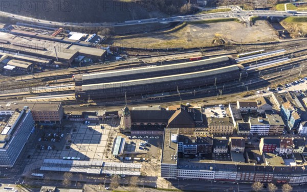 Aerial view, Hagen main station with station forecourt, central city, Hagen, Ruhr area, North Rhine-Westphalia, Germany, railway tracks, railway station, station forecourt, DE, Deutsche Bahn AG, Europe, main station, central station, aerial view, aerial photography, aerial photography, overview, bird's-eye view, overview