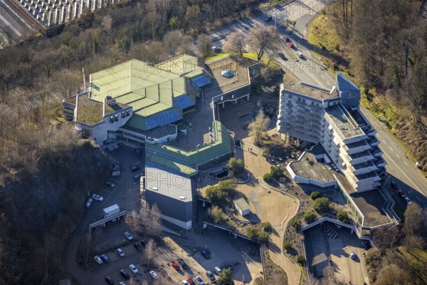 Aerial view, congress and event park civic hall Hagen, Mercure Hotel Hagen, central city, Hagen, Ruhr area, North Rhine-Westphalia, Germany, DE, Europe, gastronomy, hotel, hotel facilities, hotel business, culture, art, aerial photography, aerial photography, aerial photography, overview, events, venue, event location, event centre, bird's eye view, bird's eye view, cultural use, overview