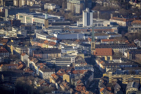 Aerial view, city centre view, Johanniskirche, Rathaus Galerie Hagen, Volme Galerie, town hall tower, Mittelstadt, Hagen, Ruhr area, North Rhine-Westphalia, Germany, place of worship, City, DE, shopping centre, shopping place, shopping mall, Europe, specialist markets, religious community, house of worship, high-rise building, city centre, church, parish, denomination, aerial view, aerial photography, aerial photography, Mittelstraße, shopping centre, city view, city area, city centre, tower, overview, bird's-eye view, overview