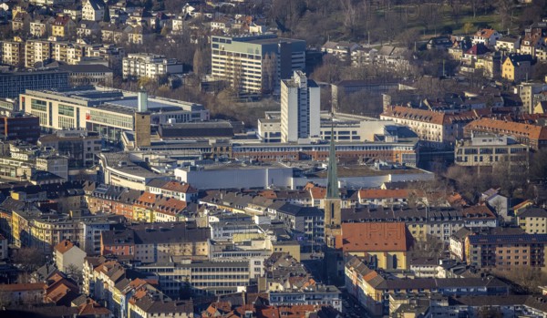 Aerial view, city centre view, Johanniskirche, Rathaus Galerie Hagen, Volme Galerie, town hall tower, Mittelstadt, Hagen, Ruhr area, North Rhine-Westphalia, Germany, place of worship, City, DE, shopping centre, shopping place, shopping mall, Europe, specialist markets, religious community, house of worship, high-rise building, city centre, church, parish, denomination, aerial view, aerial photography, aerial photography, Mittelstraße, shopping centre, city view, city area, city centre, tower, overview, bird's-eye view, overview