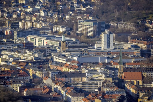 Aerial view, city centre view, Johanniskirche, Rathaus Galerie Hagen, Volme Galerie, town hall tower, Mittelstadt, Hagen, Ruhr area, North Rhine-Westphalia, Germany, place of worship, City, DE, shopping centre, shopping place, shopping mall, Europe, specialist markets, religious community, house of worship, high-rise building, city centre, church, parish, denomination, aerial view, aerial photography, aerial photography, Mittelstraße, shopping centre, city view, city area, city centre, tower, overview, bird's-eye view, overview