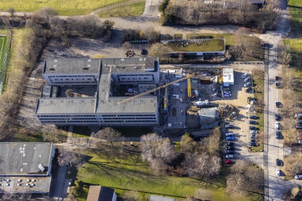 Aerial view, construction site of new extension at Theodor-Heuss-Gymnasium, Altenhagen, Hagen, Ruhr area, North Rhine-Westphalia, Germany, construction work, building, construction area, building site, building plots, construction crane, construction measure, construction project, building site, education, educational institution, DE, Europe, grammar school, Humpertstraße, teaching institute, aerial view, aerial photography, aerial photography, new building, school, overview, bird's eye view, birds-eyes view, overview