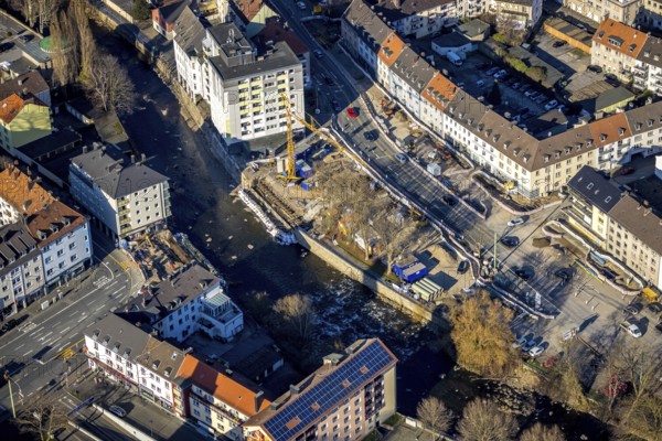 Aerial view, construction site for new market bridge, central city, Hagen, Ruhr area, North Rhine-Westphalia, Germany, construction work, construction area, construction site, construction project, construction site, bridge, DE, Europe, aerial view, aerial photography, aerial photography, Märkischer Ring, new construction, overview, bird's-eye view, overview