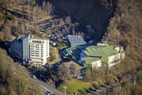 Aerial view, congress and event park civic hall Hagen, Mercure Hotel Hagen, central city, Hagen, Ruhr area, North Rhine-Westphalia, Germany, DE, Europe, gastronomy, hotel, hotel facilities, hotel business, culture, art, aerial photography, aerial photography, aerial photography, overview, events, venue, event location, event centre, bird's eye view, bird's eye view, cultural use, overview