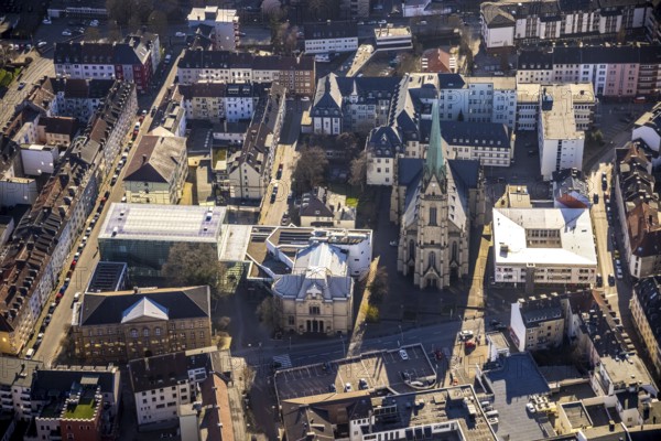 Aerial view, Osthaus Museum Hagen, parish church St. Marien, middle town, Hagen, Ruhr area, North Rhine-Westphalia, Germany, place of worship, DE, Europe, religious community, place of worship, holy place, church, parish, denomination, aerial view, aerial photography, aerial photography, museum, religion, religious site, city museum, overview, bird's-eye view, birds-eyes view, overview