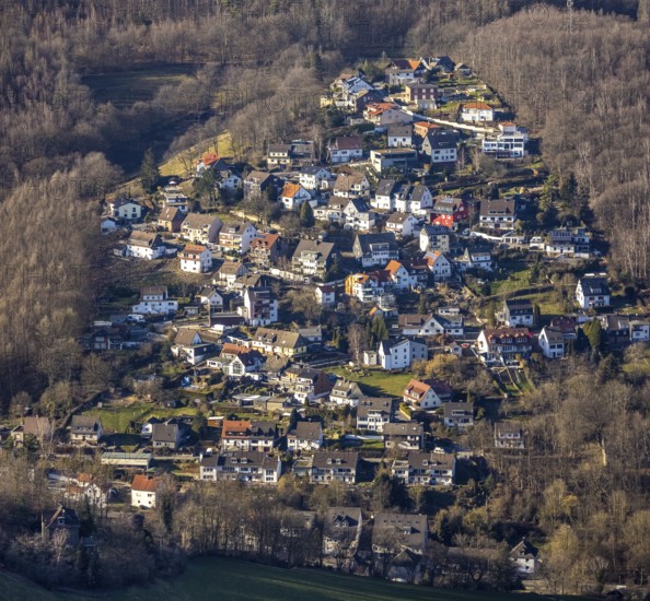 Aerial view, local view Selbecke in the forest with radio tower Selbecke, Eilpe, Hagen, Ruhr area, North Rhine-Westphalia, Germany, DE, Europe, television tower, radio tower, property tax, real estate, aerial view, aerial photography, aerial photography, tower, overview, bird's-eye view, forest area, residential area, living and living, residential area, residential buildings, quality of life, residential neighbourhood, housing estate, birds-eyes view, overview