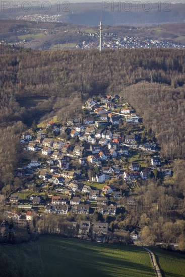 Aerial view, local view Selbecke in the forest with radio tower Selbecke, Eilpe, Hagen, Ruhr area, North Rhine-Westphalia, Germany, DE, Europe, television tower, radio tower, property tax, real estate, aerial view, aerial photography, aerial photography, tower, overview, bird's-eye view, forest area, residential area, living and living, residential area, residential buildings, quality of life, residential neighbourhood, housing estate, birds-eyes view, overview