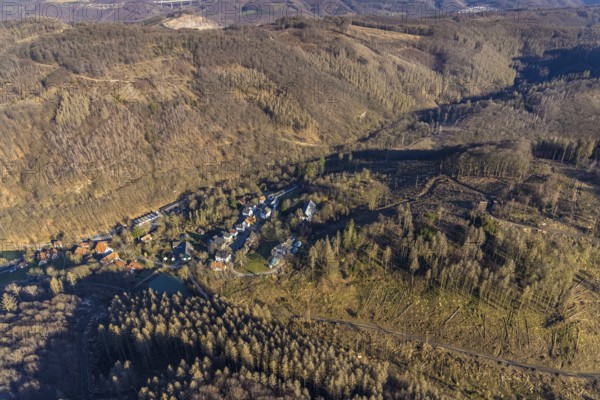 Aerial photograph, LWL-Freilichtmuseum Hagen, Eilpe, Hagen, Ruhr area, North Rhine-Westphalia, Germany, DE, Europe, open-air museum, aerial photograph, aerial photography, aerial photography, museum, Mäckingerbach, overview, bird's-eye view, forest, forest area, birds-eyes view, overview