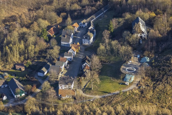Aerial photograph, LWL-Freilichtmuseum Hagen, Eilpe, Hagen, Ruhr area, North Rhine-Westphalia, Germany, DE, Europe, open-air museum, aerial photograph, aerial photography, aerial photography, museum, Mäckingerbach, overview, bird's-eye view, forest, forest area, birds-eyes view, overview