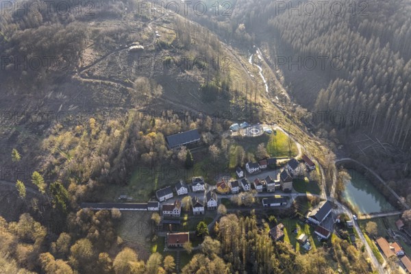 Aerial photograph, LWL-Freilichtmuseum Hagen, Eilpe, Hagen, Ruhr area, North Rhine-Westphalia, Germany, DE, Europe, open-air museum, aerial photograph, aerial photography, aerial photography, museum, Mäckingerbach, overview, bird's-eye view, forest, forest area, birds-eyes view, overview