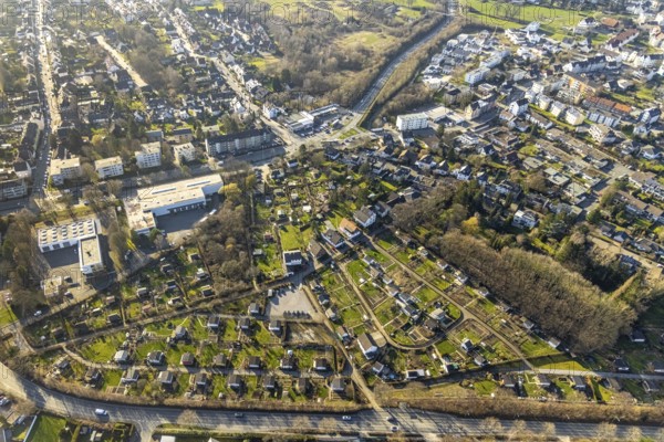 Aerial view, allotment garden site Pivitt, allotment garden site Stennesufer, Landesbetrieb Mess- und Eichwesen North Rhine-Westphalia - Eichamt Hagen, Boele, Hagen, Ruhr area, North Rhine-Westphalia, Germany, authority, DE, Europe, community garden, allotment garden, allotment garden site, allotment garden association, aerial view, aerial photography, aerial photography, Pappelstraße, Pivitt, allotment garden, overview, bird's-eye view, overview