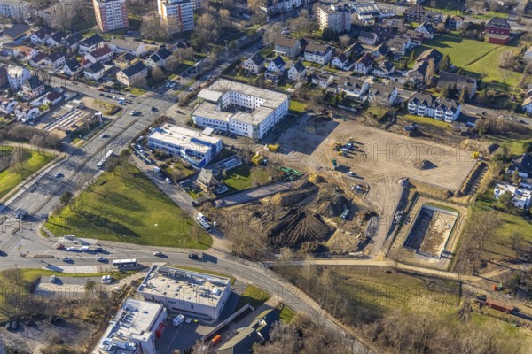 Aerial view, district court Hagen central dunning department, construction site extension Sanitätshaus Riepe an der Knippschildstraße, Boele, Hagen, Ruhr area, North Rhine-Westphalia, Germany, construction work, construction area, construction site, building plots, construction project, construction site, authority, DE, Europe, aerial view, aerial photography, aerial photography, new building, overview, bird's eye view, birds-eyes view, overview