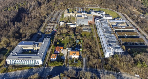 Aerial view, FernUniversität in Hagen, university district, Hagen, Ruhr area, North Rhine-Westphalia, Germany, DE, Digital University of North Rhine-Westphalia, Europe, Fernuni, aerial view, aerial photography, aerial photography, overview, university, university road, bird's eye view, birds-eyes view, overview