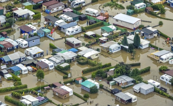 Aerial photo, Ruhr flood, flooded camping site CampingClub Garenfeld Ruhrbogen e.v, Westhofen, Schwerte, Ruhr area, North Rhine-Westphalia, Germany, DE, Europe, birds-eyes view, aerial photography, aerial photography, aerial photography, overview, bird's eye view
