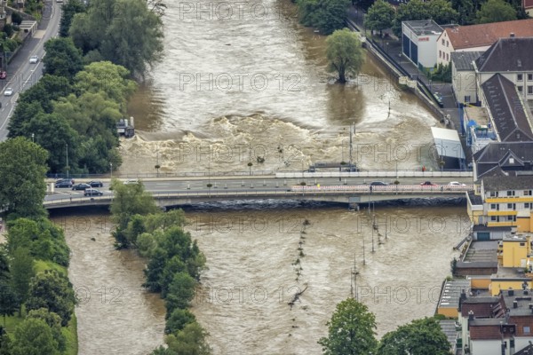Aerial photo, Lennehochwasser, Hohenlimburg, Hagen, Ruhr area, North Rhine-Westphalia, Germany, DE, Europe, birds-eyes view, aerial photography, aerial photography, overview, overview, bird's eye view